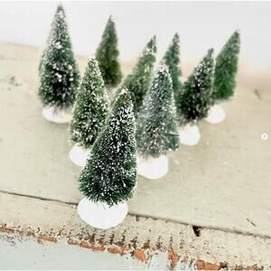 Vintage Tiny Lemax Tree Bottlebrush Green Flocked White Base LOT of 10